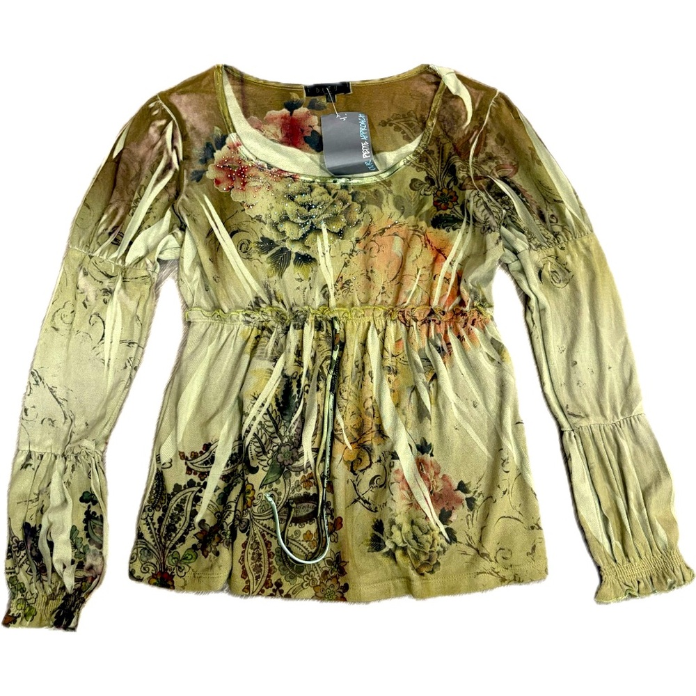 NWT Y2K deadstock B.L.E.U. petite peasant boho graphic print rhinestone sweater